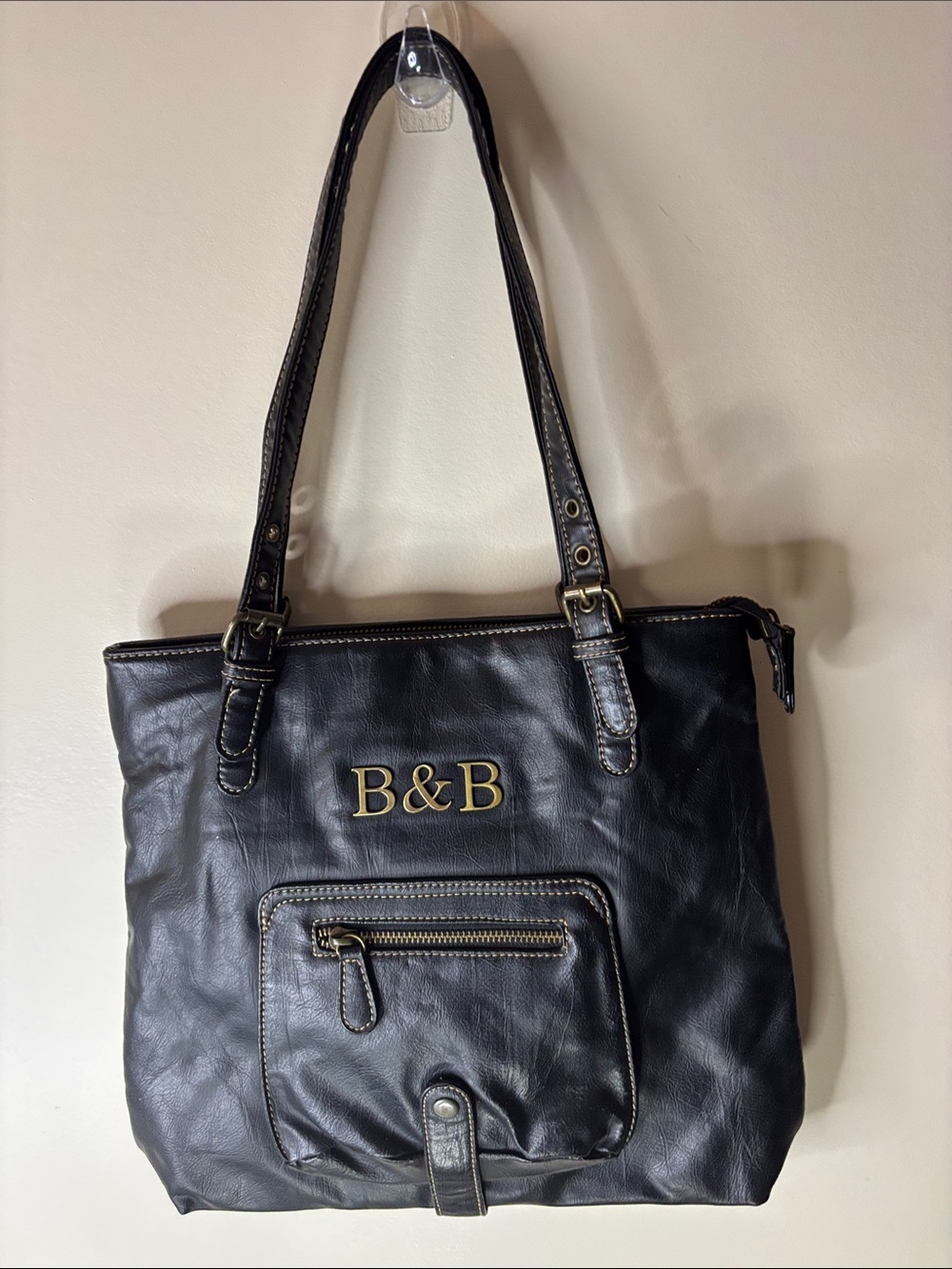 Black Leather Shoulder Bag with Front Zip Pocket